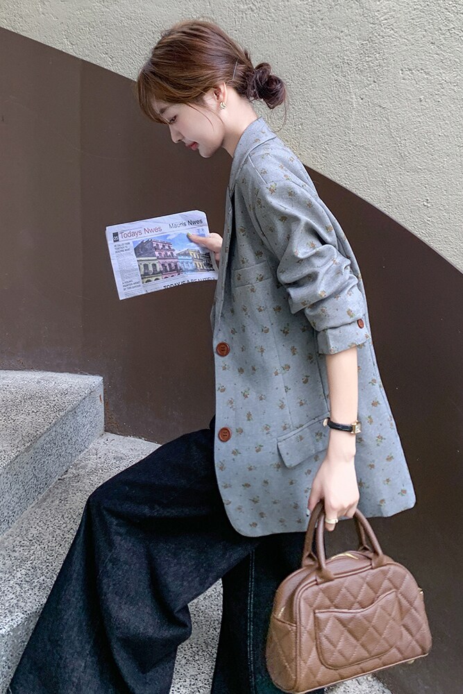 小众设计感西装女2025早春新款气质碎花灰色chic小个子宽松外套,女装西装,浙宝125