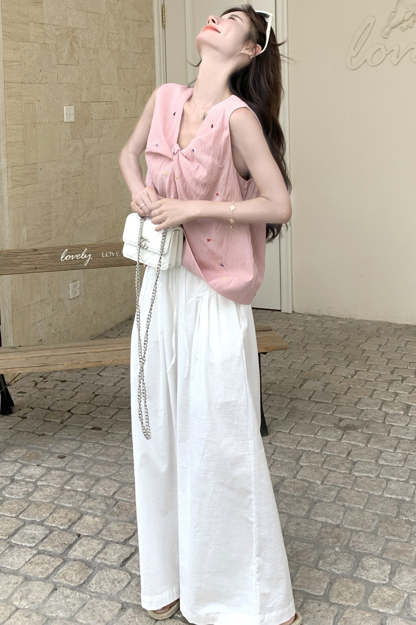 温柔系穿搭休闲套装女2025夏季新款韩系减龄刺绣背心阔腿裤两件套,女装套装/套裙,浙宝125