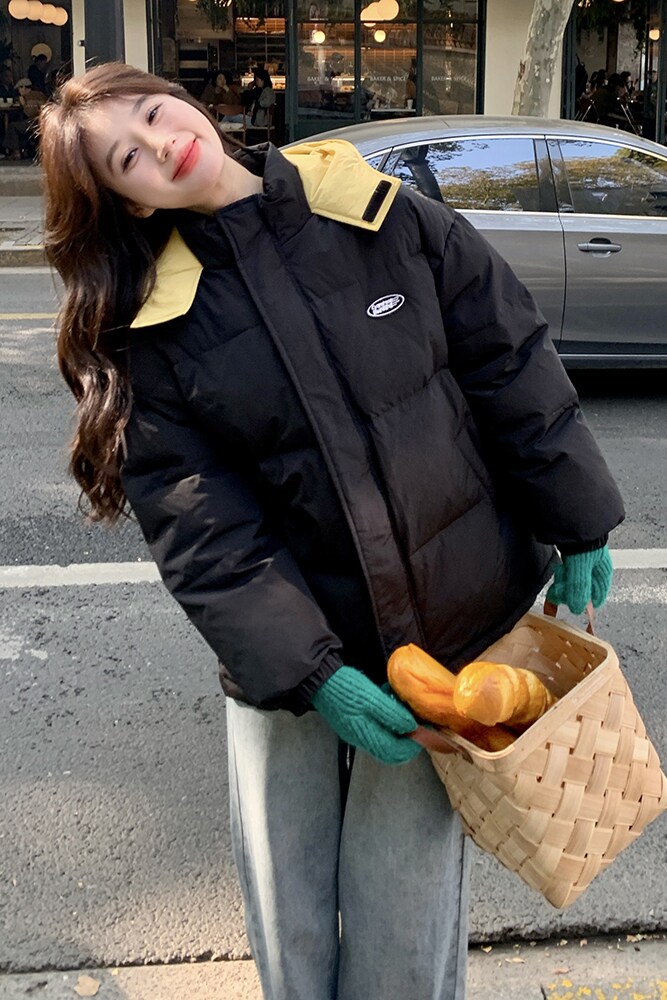 黑色连帽羽绒棉服女2024冬季新款韩系学院风休闲百搭小个子面包服,女装棉衣/棉服,浙宝125