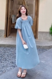 宽松慵懒风蓝色方领泡泡袖连衣裙女夏2025新款日系休闲松弛感长裙，女装连衣裙，浙宝125
