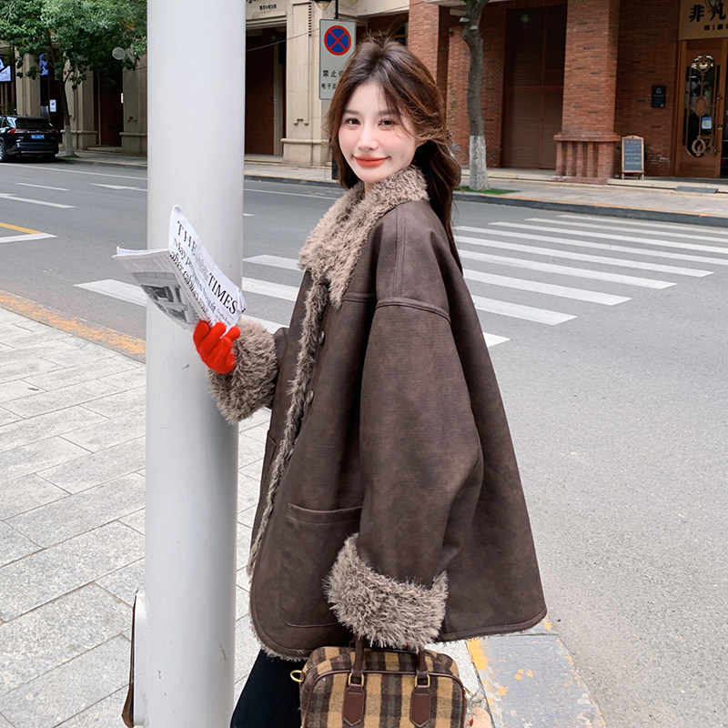 两面穿环保皮毛一体外套女冬2025加绒加厚复古宽松羊羔毛机车皮衣,女装短外套,浙宝125