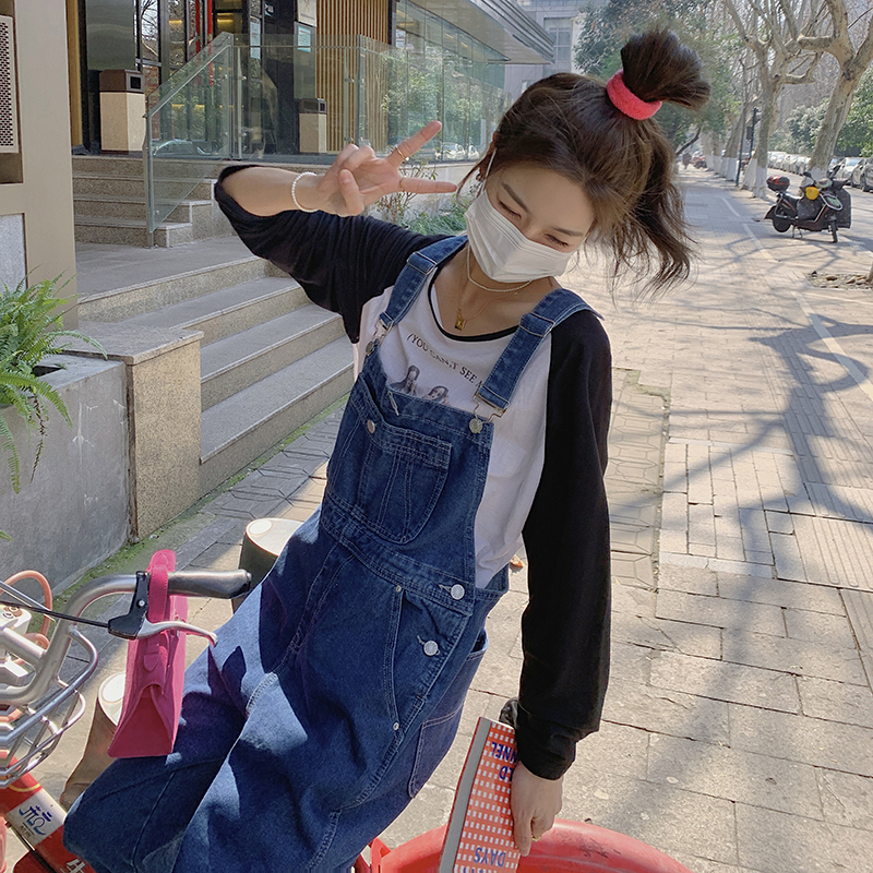 现货主推！2022韩版新款宽松显瘦减龄牛仔背带裤女9011-P95-控148，女装牛仔裤，浙宝125