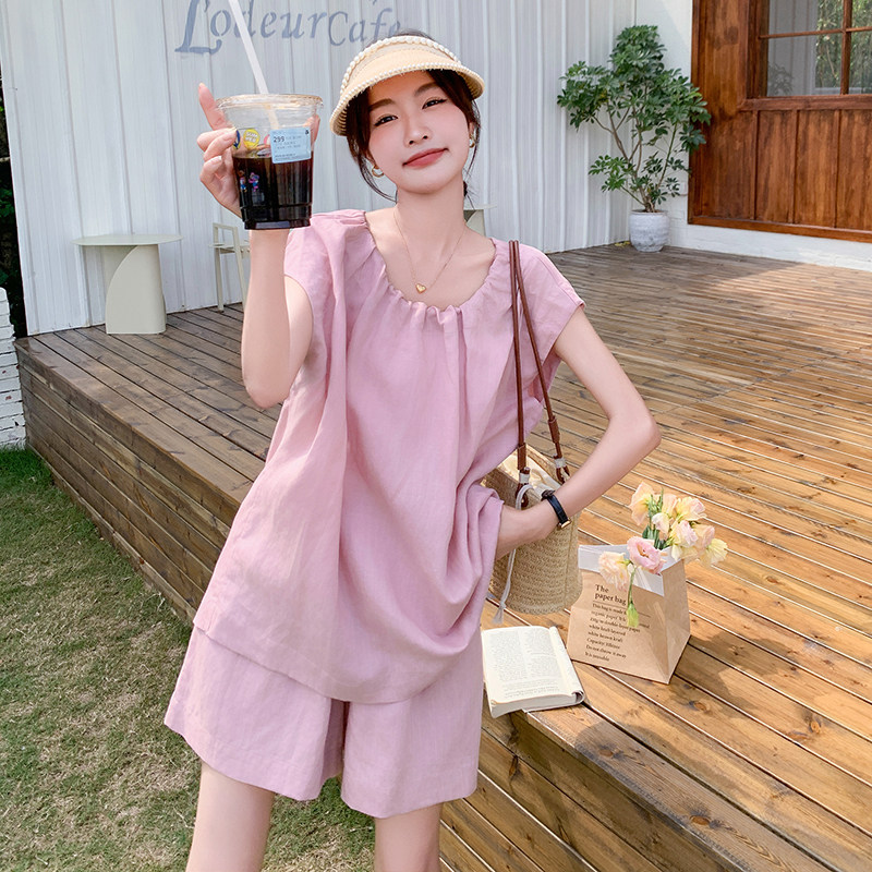甜美减龄粉色上衣短袖套装女夏2025新款小个子百搭显瘦短裤两件套,女装套装/套裙,浙宝125