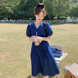 法式复古V领泡泡袖牛仔连衣裙女夏2025年新款质感高级感显瘦裙子，女装连衣裙，浙宝125
