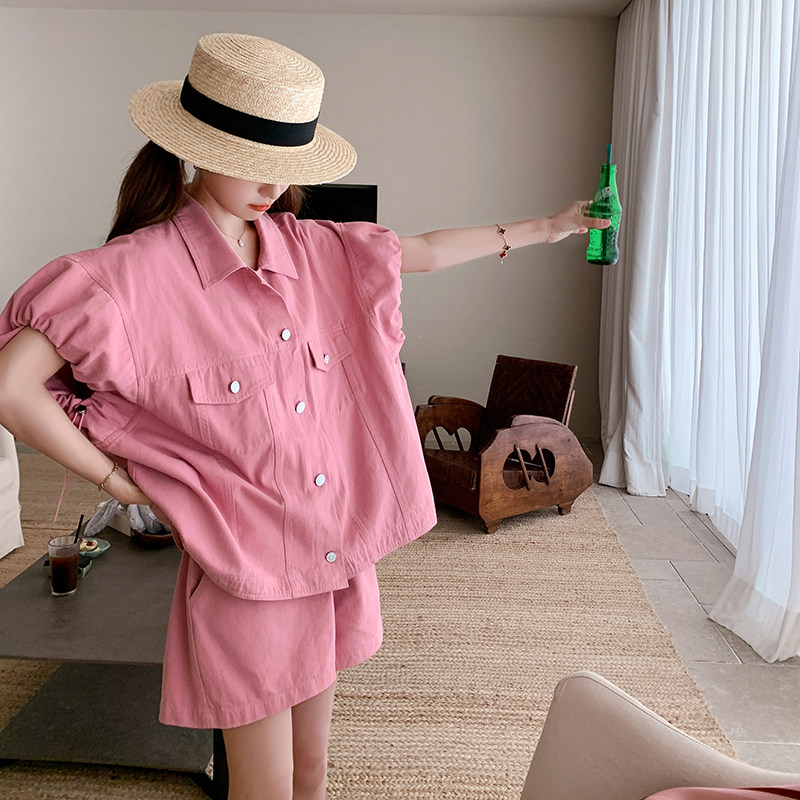 短袖上衣时尚休闲甜酷套装女2024夏季新款粉色小个子短裤两件套,女装套装/套裙,浙宝125