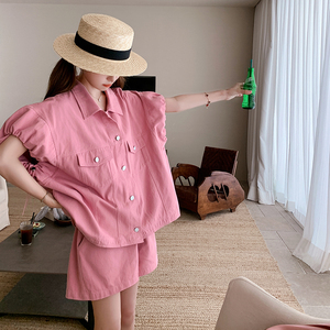 短袖上衣时尚休闲甜酷套装女2024夏季新款粉色小个子短裤两件套图片