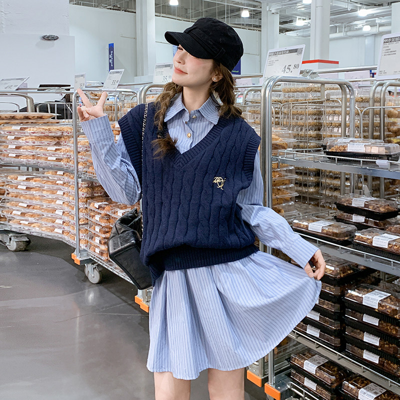 蓝色学院风针织马甲连衣裙套装女2025春季新款小个子衬衫裙两件套,女装套装/套裙,浙宝125