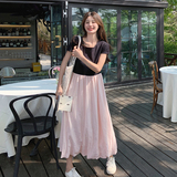 粉色针织拼接假两件连衣裙女夏季气质显瘦甜美温柔风显身材长裙子，女装连衣裙，浙宝125