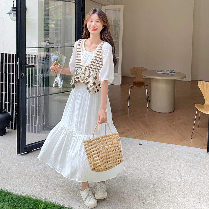 白色设计感连衣裙女夏2025新款法式针织马甲小清新显瘦两件套装裙，女装套装/套裙，浙宝125