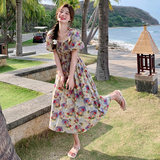 法式风紫色方领高腰连衣裙女夏季2024新款泡泡袖收腰又甜又辣裙子，女装连衣裙，浙宝125