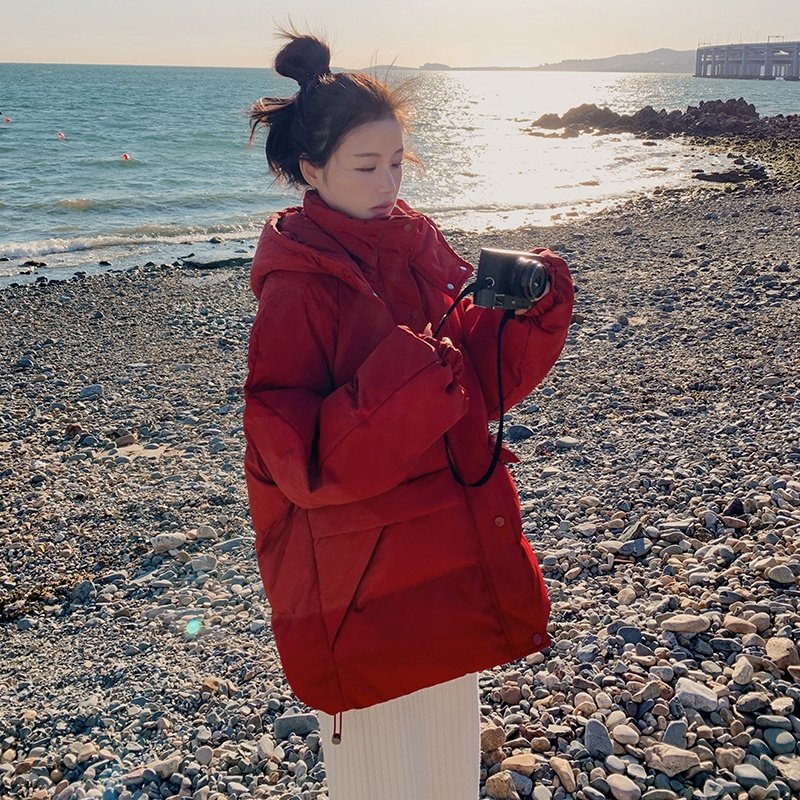 氛围感红色短款羽绒棉服女冬季2024年新款爆款流行加厚连帽棉袄潮,女装棉衣/棉服,浙宝125