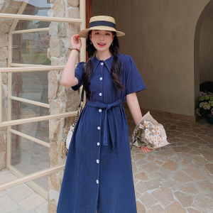 法式藏青色海军领衬衫连衣裙女夏2025年新款甜美休闲别致收腰裙子图片