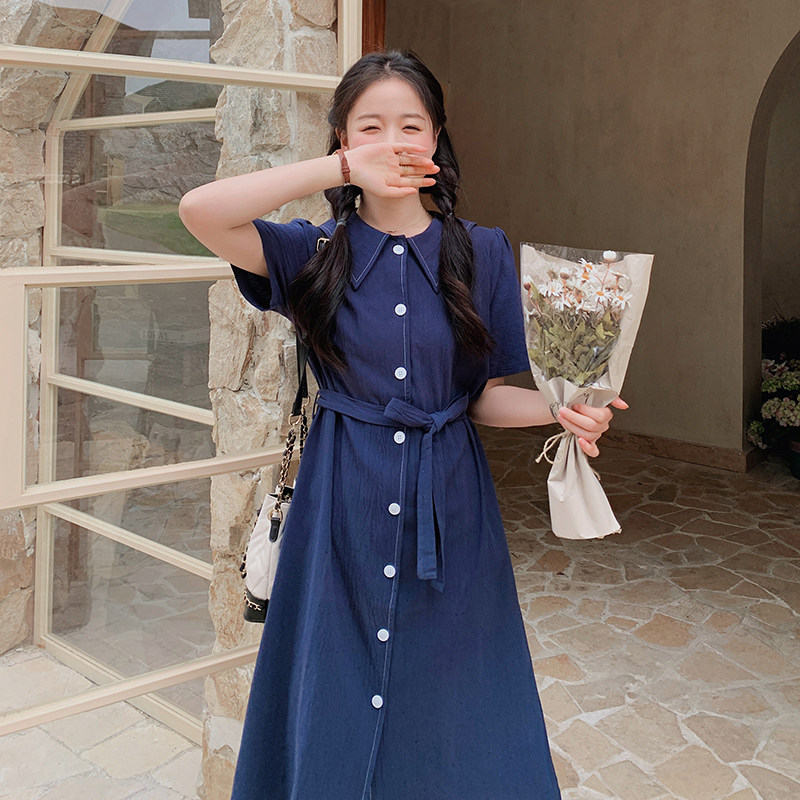 法式藏青色海军领衬衫连衣裙女夏2025年新款甜美休闲别致收腰裙子,女装连衣裙,浙宝125
