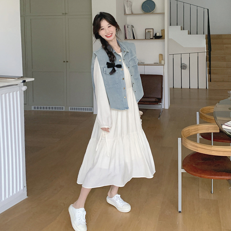 开春穿搭牛仔马甲白色连衣裙套装女春季2025新款甜美减龄两件套女,女装套装/套裙,浙宝125