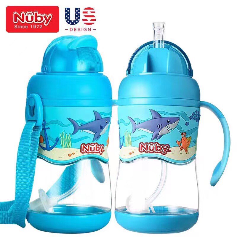 Nuby努比儿童3D花纹防漏吸管杯带重力球宝宝喝水杯握把背带两用杯