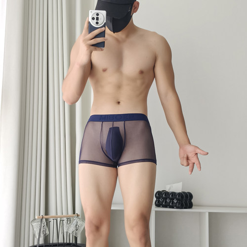 男士冰丝网纱透明平角内裤纯色