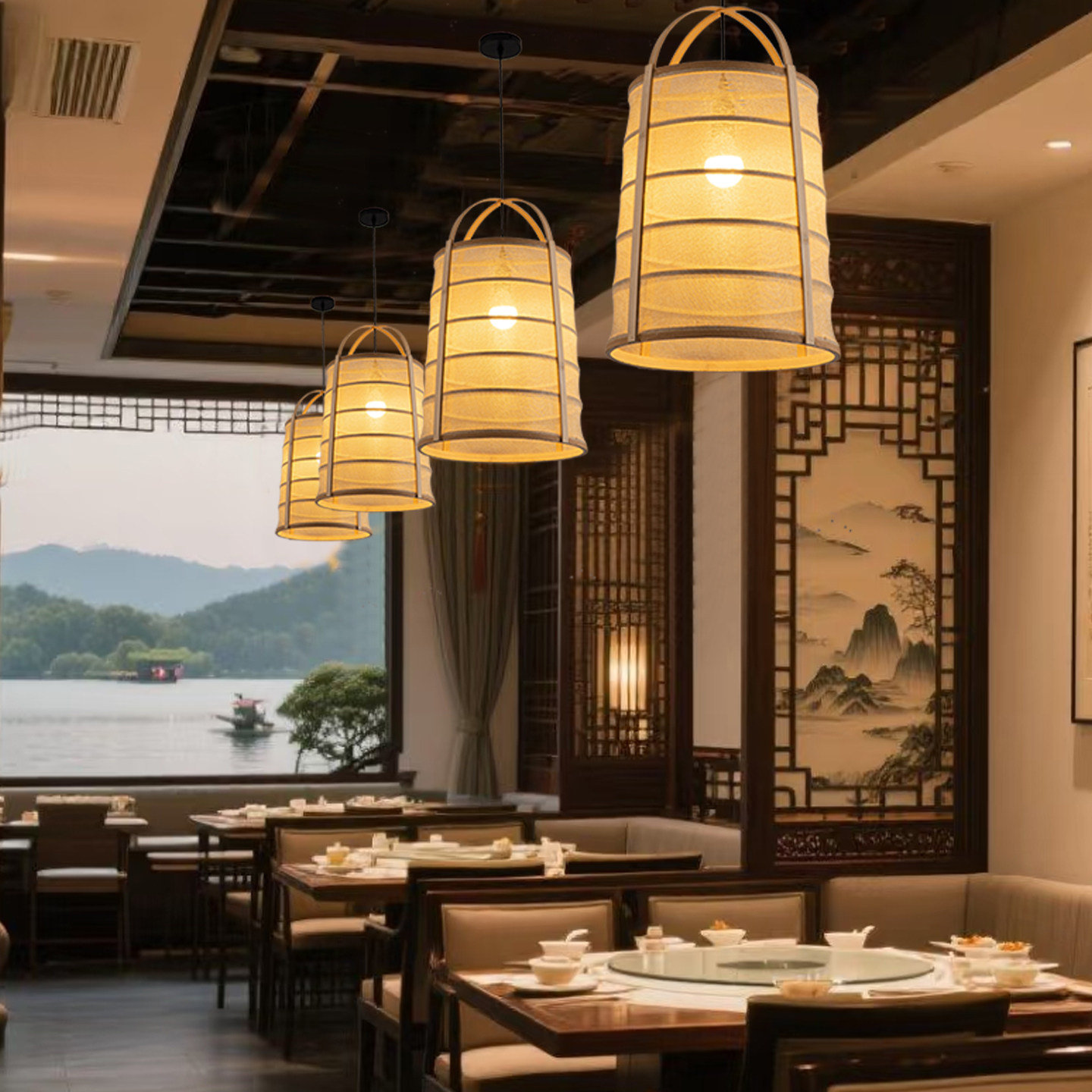 中式复古麻布布艺吊灯