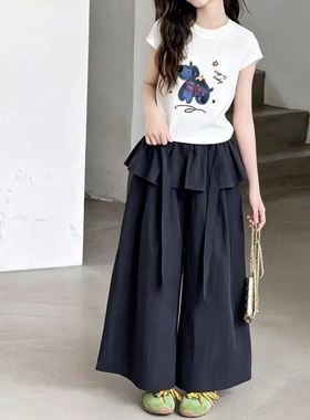 儿童2026女童夏季新品4723小狗印花辣妹T+花边阔腿裤中大童套装