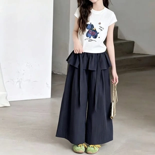 儿童2026女童夏季新品4723小狗印花辣妹T+花边阔腿裤中大童套装