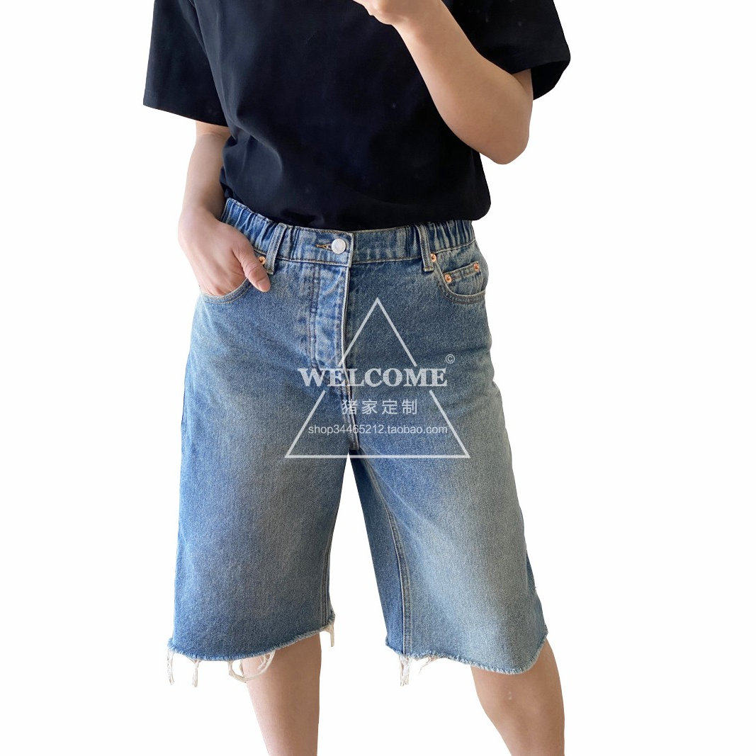 2025夏季新款弹力松紧腰单排扣门襟流苏边裤脚高腰五分牛仔裤女