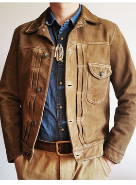 日系复古头层泥染做旧506反绒翻毛羊皮牛仔夹克咔叽RRL无里布皮衣