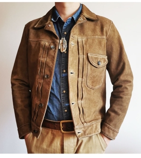 日系复古头层泥染做旧506反绒翻毛羊皮牛仔夹克咔叽RRL无里布皮衣