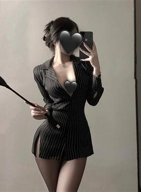 OL御姐性感秘书制服纯欲低胸撞色条纹衬衣夜店女装显瘦衬衫上衣