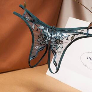 女士蕾丝无痕 开档低腰透气透明火辣三角裤 女生免穿脱方便内裤 大码