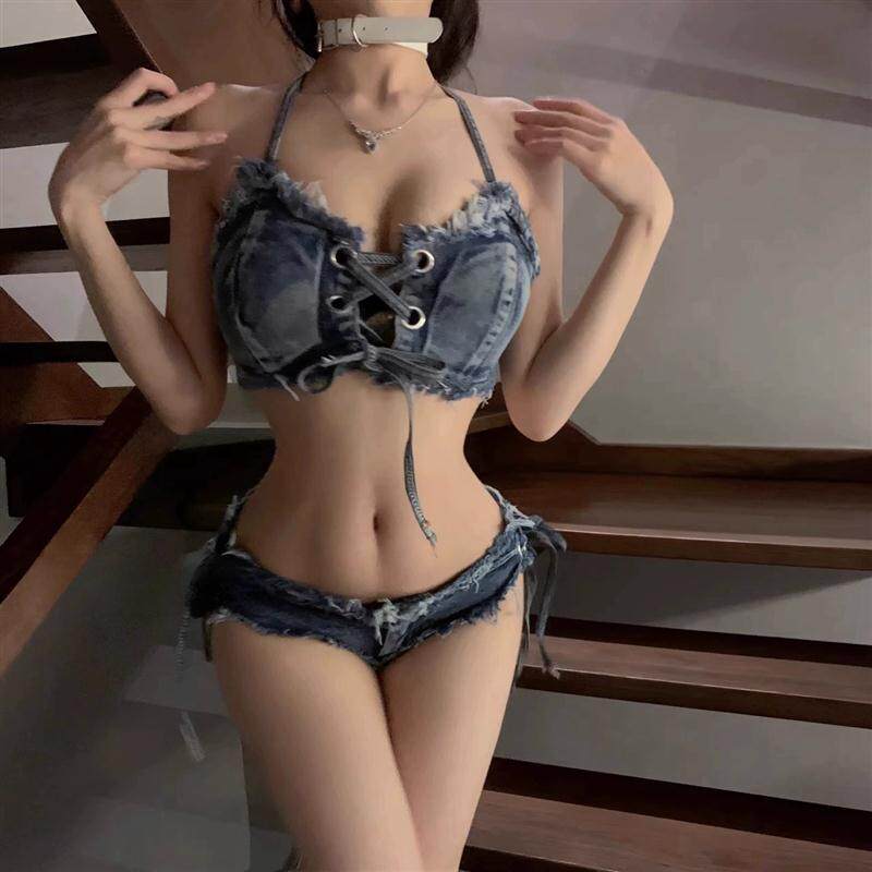 牛仔系列2024新款性感睡衣女制服诱惑装成人沙滩内衣文胸短裤套装