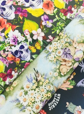 40支纯棉平纹布卡通印花田园花朵骷颅欧美手工DIY包包服装面料