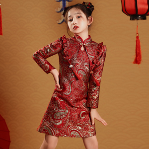 女童旗袍新年红色冬儿童2024年拜年服宝宝过年加厚中国风唐装秋冬