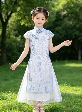 女童新中式唐装旗袍新国风蓝色演出服儿童古风汉服夏薄款2026新款