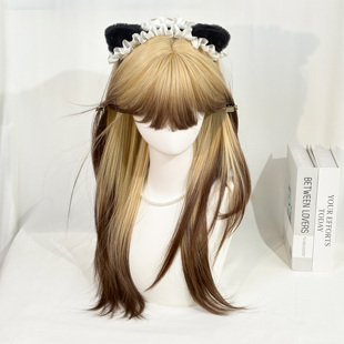 暹罗猫假发女长直发白金色渐变黑齐刘海挑染高层次全头套式