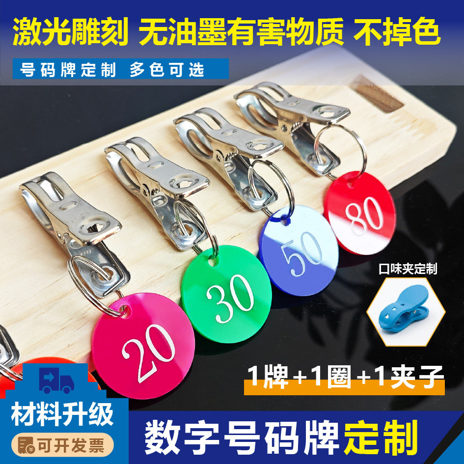 恒裕餐厅号码牌数字牌麻辣烫叫号牌带夹子铁圈餐饮上菜编号牌定制