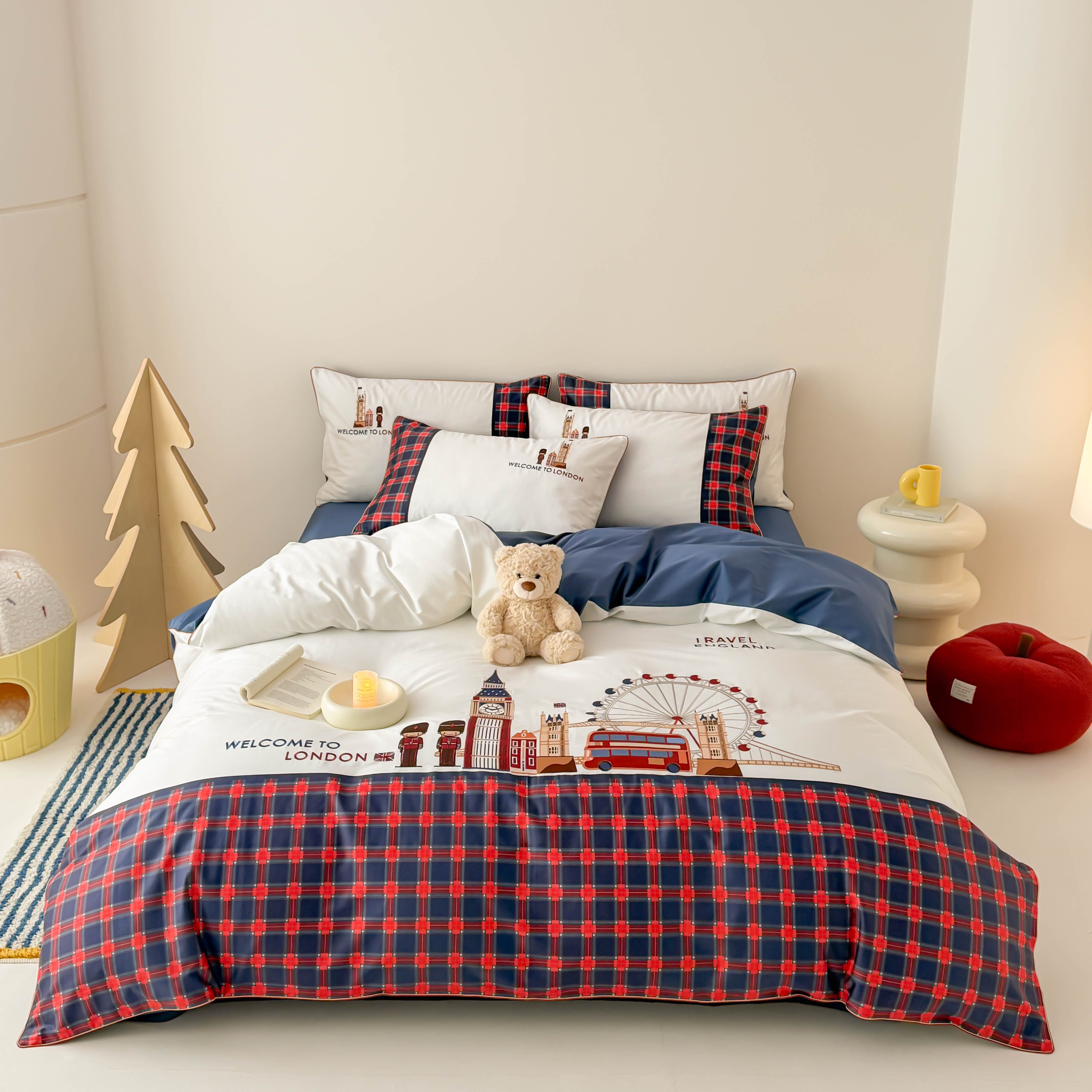 纯棉床上四件套英伦风学院卡通儿童宿舍全棉刺绣长绒棉被套床单