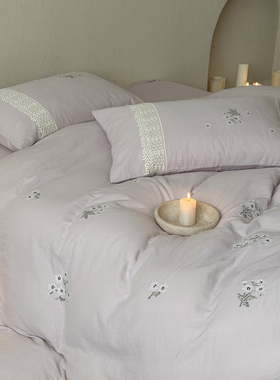 全棉双层纱四件套少女心刺绣紫色温柔纯棉柔软被套罩宿舍可用床品