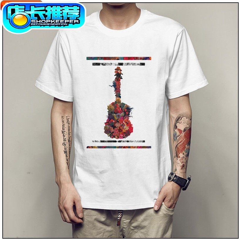 音乐新款鲜花吉他guita 男士T恤休闲短袖男女情侣款T恤衫8
