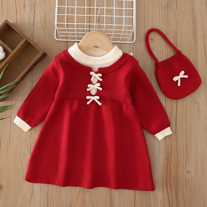 女童中长款毛衣裙秋冬款儿童针织连衣裙圣诞新年女宝宝红色公主裙