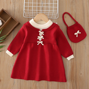 女童中长款毛衣裙秋冬款儿童针织连衣裙圣诞新年女宝宝红色公主裙