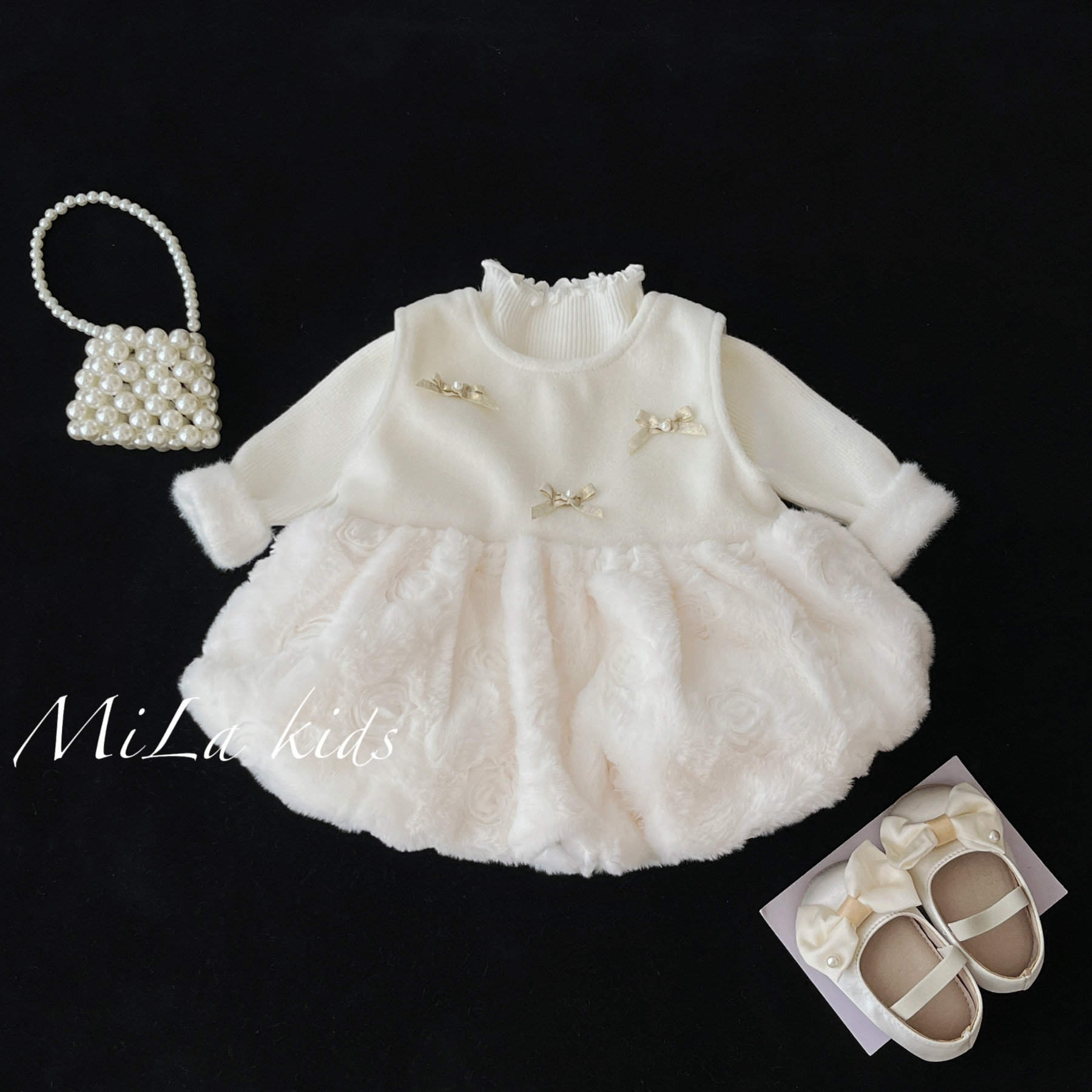 女宝宝加绒公主裙秋冬装女童加厚可爱花苞裙婴儿周岁生日礼服裙子