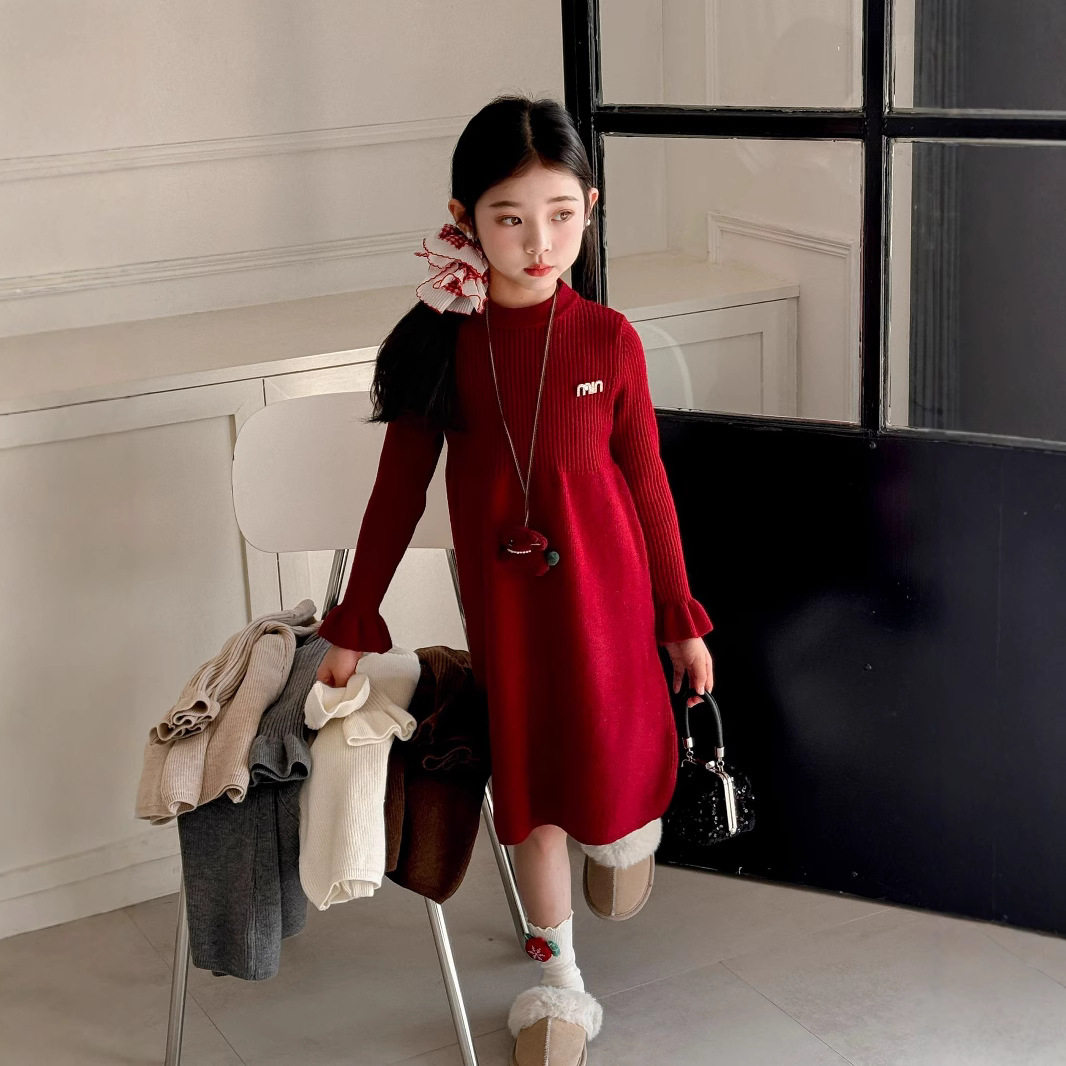 女童中长款毛衣秋冬款时尚儿童半高领针织连衣裙小女孩百搭打底裙