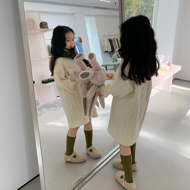 女童毛衣裙2023秋冬装洋气儿童中长款连衣裙小女孩宽松针织打底裙