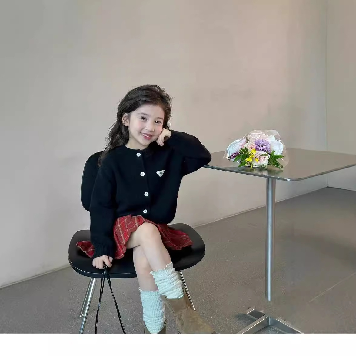 女童针织开衫秋款韩系童装儿童毛衣JK格子半身裙小女孩学院风套装