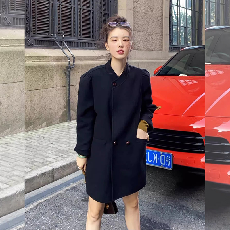 高级感中山领改良版复古黑色羊绒呢子大衣冬季御姐小香风毛呢外套