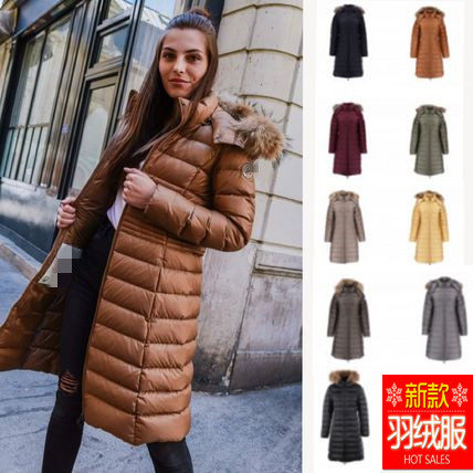 冬季新款欧美外贸加长加厚修身显瘦连帽毛领羽绒服外套女