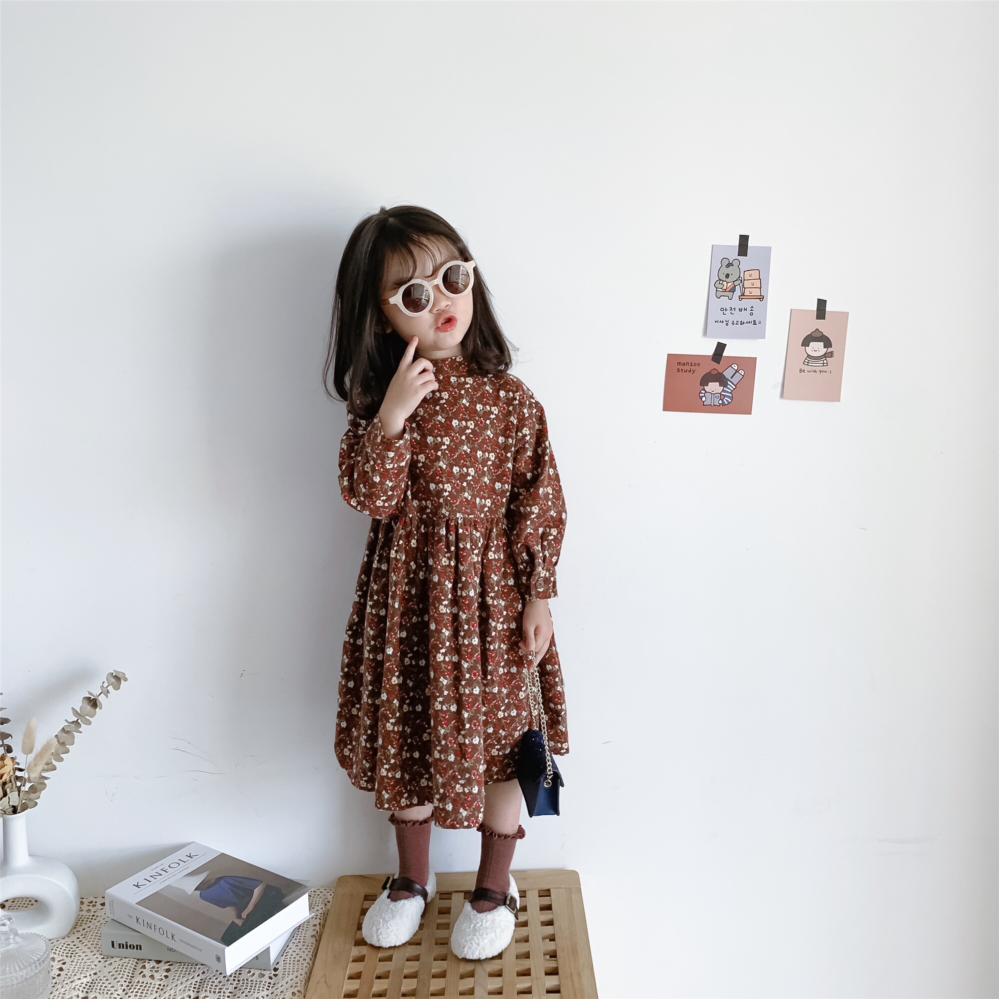 豆包君21春秋款韩版女童宝宝洋气复古风碎花立领淑女长裙连身裙潮