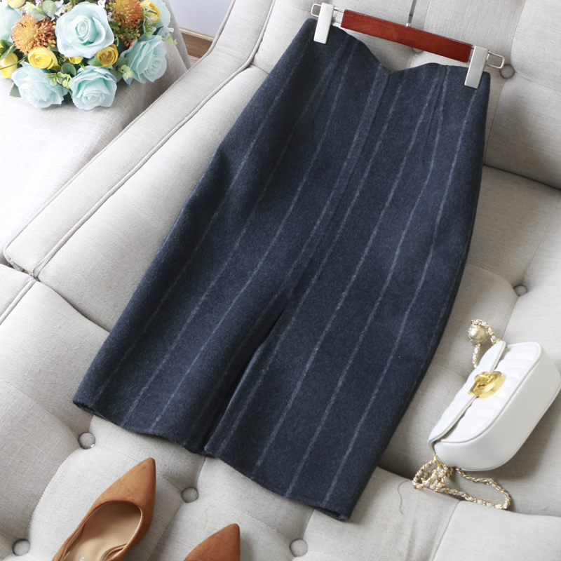 英伦条纹包臀绵羊毛双面呢半身裙