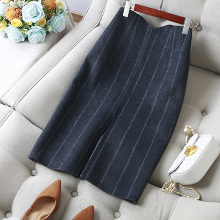 YI眼相中~高奢英伦条纹前开叉高腰显瘦包臀绵羊毛双面呢半身裙冬