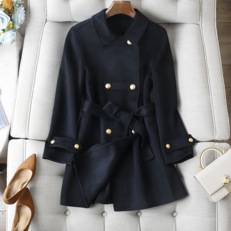 气质身价翻倍！奢暖黑色手工双面羊毛羊绒双排金扣显瘦外套大衣冬