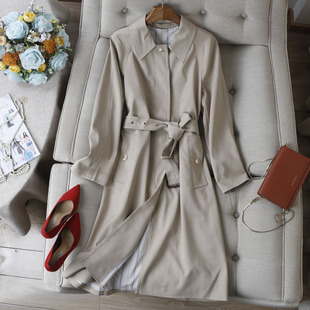 博主气质 腰带中长风衣外套 优雅小翻领暗门襟设计定染浅卡其长袖
